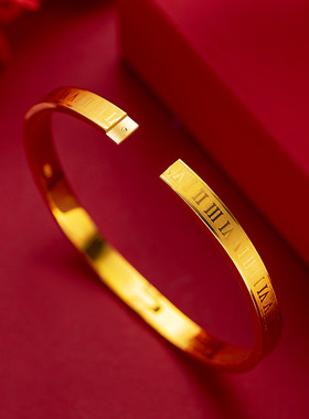 手镯金色黄金色实心手环罗马数字