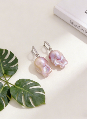 山下湖原产地巴洛克紫色真珍珠S925银经典百搭淑女耳坠耳钩耳饰