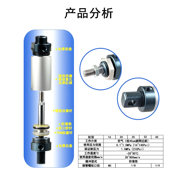 亚德客型铝合金迷你气缸MAL40X25X50X75X100X125X150X175X200S-CA - 图2