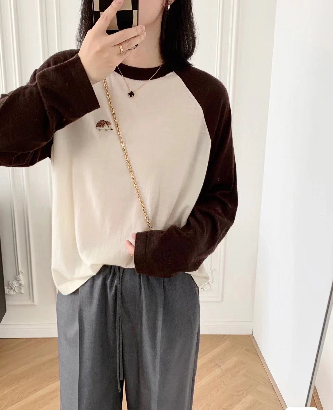 【鄂家系列】原纱!2023秋季新款羊毛羊绒小刺猬针织衫长袖打底衫 - 图1