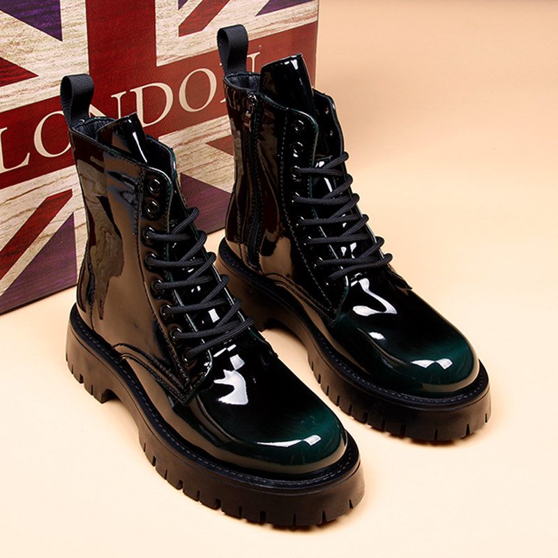 漆皮亮面男士马丁靴春秋季高帮靴子男2025新款厚底防滑机车皮靴 - 图1