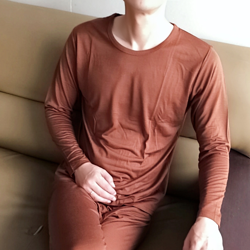 新款真丝加棉男士圆领内衣套装桑蚕丝棉毛衫裤睡衣保暖套装秋衣裤 - 图0