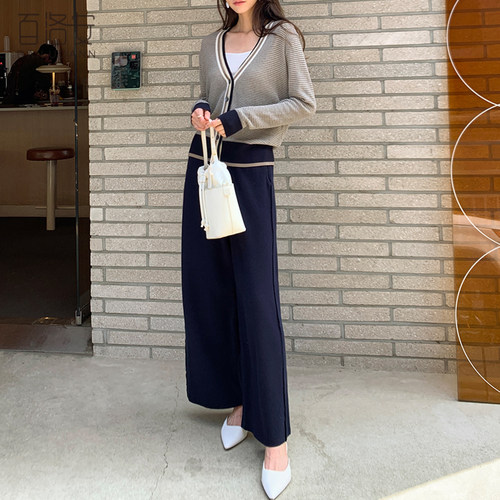 百洛安时尚针织套装女套裤2026秋装新款条纹开衫上衣阔腿裤两件套 - 图0