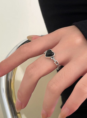 s925纯银黑玛瑙爱心戒指女小众