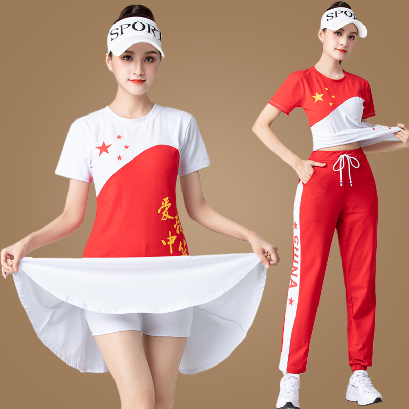 杨丽萍五星运动短袖广场舞服装套装裙女夏季新款健身跳舞蹈演出服 - 图2