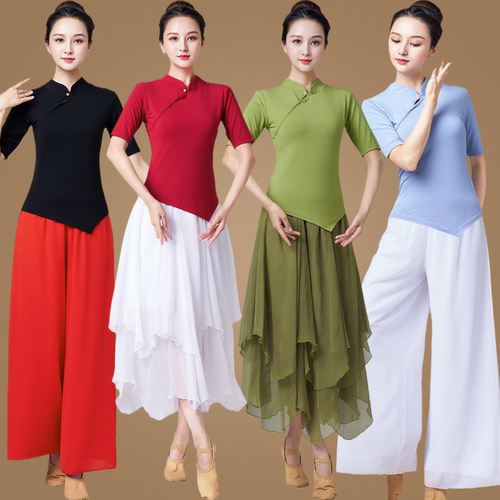 舞蹈练功服身韵飘逸演出服广场舞服装套装女中袖古典现代舞跳舞衣 - 图2