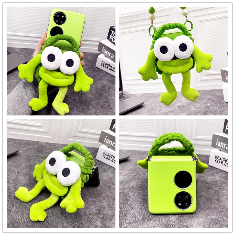 可爱毛绒针织青蛙耳机包适用华为P50Pocket手机壳新款零钱包pockets外壳p50折叠屏网红超火pocket2保护套挂绳 - 图1