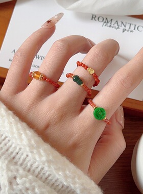 天然石南红玛瑙碧玺戒指女小众高级感食指戒指环弹力串珠戒指批发