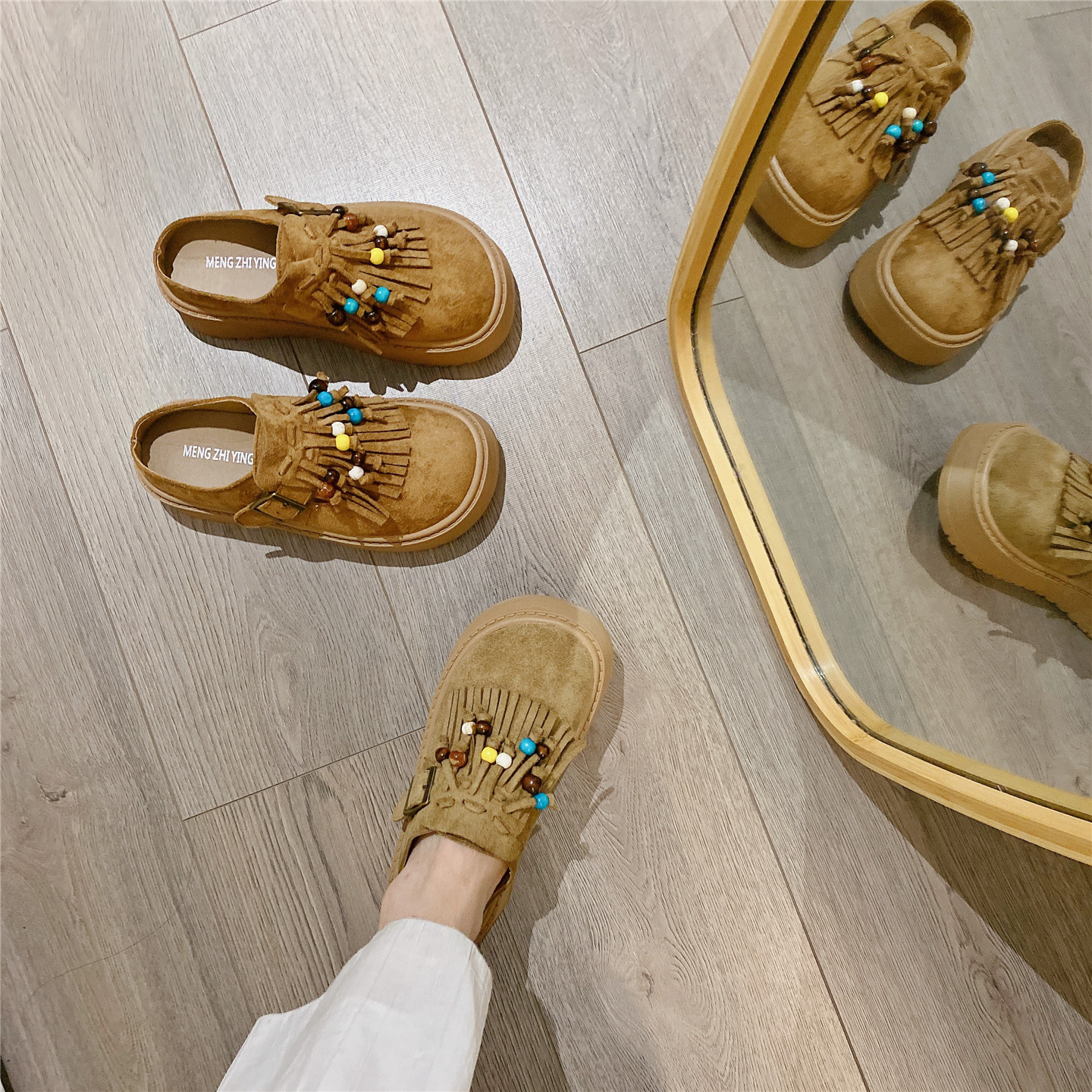 复古搭扣流苏勃肯鞋包头半拖女外穿2025秋季韩版懒人厚底松糕拖鞋 - 图3