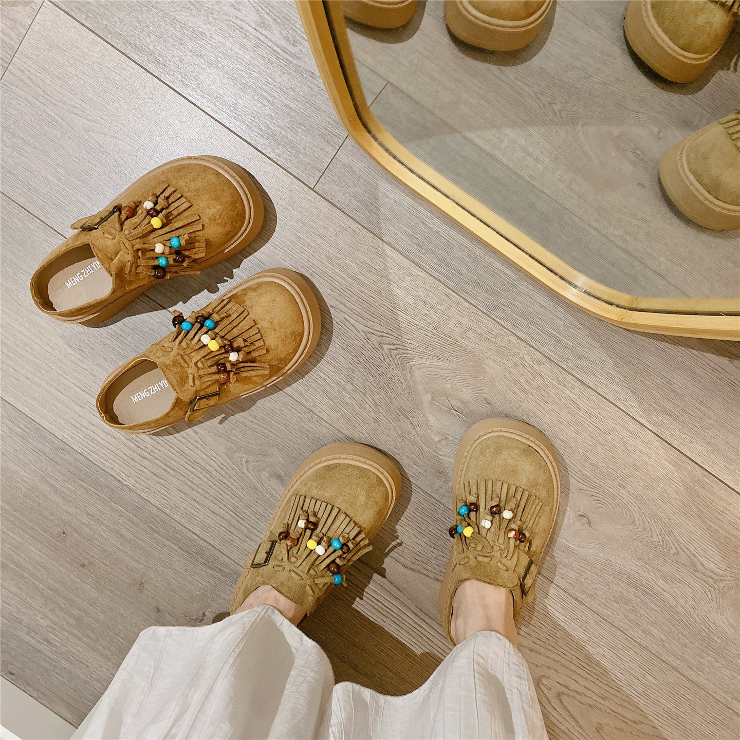 复古搭扣流苏勃肯鞋包头半拖女外穿2025秋季韩版懒人厚底松糕拖鞋 - 图1