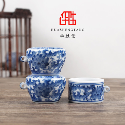 华胜堂 景德镇青花手绘缠枝莲点颏罐三件套水鸟杯鸟食罐 鸟笼配件 - 图0