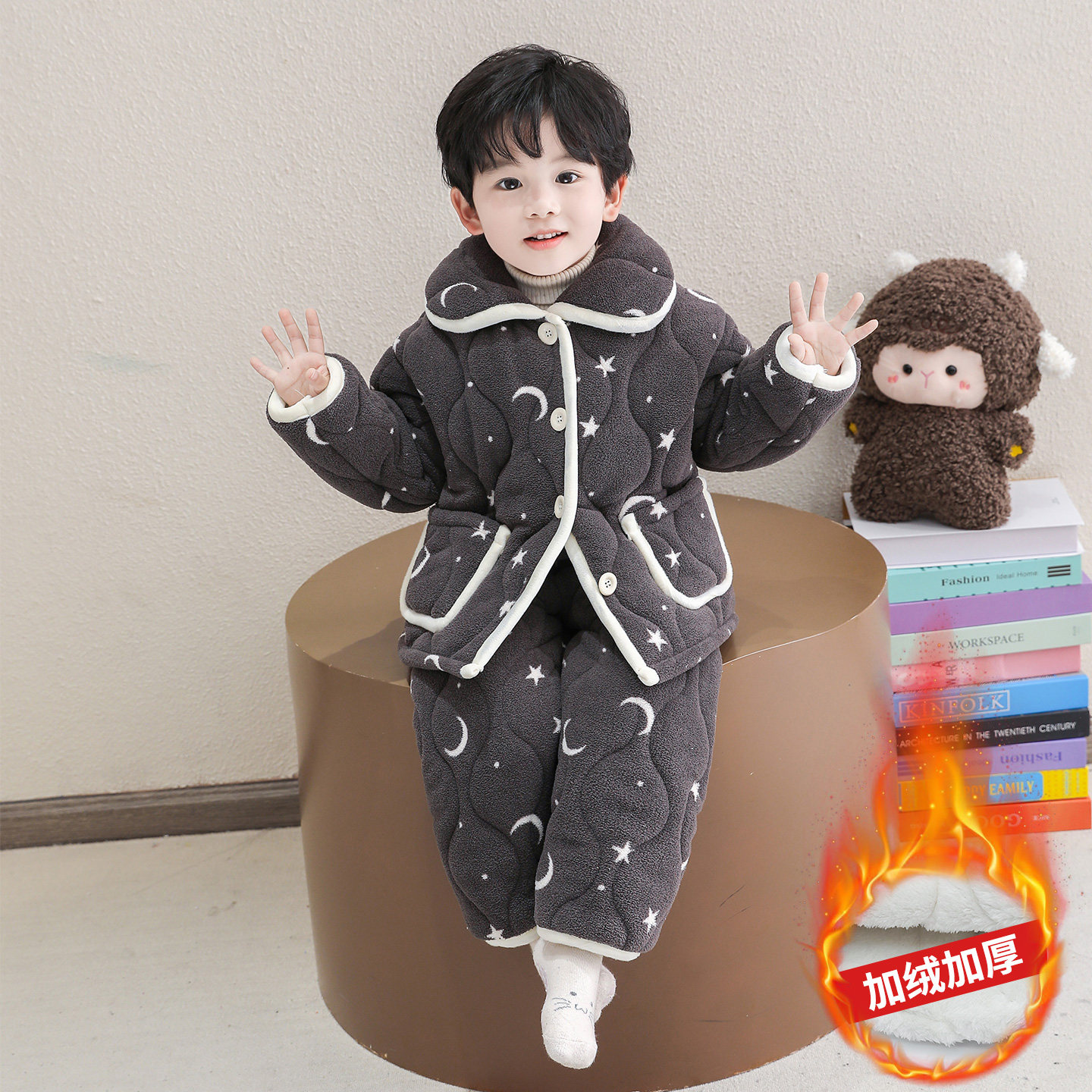 儿童冬季法兰绒睡衣男童三层加绒加厚套装男宝宝法兰绒保暖家居服,淘宝优惠券,粉丝福利购,淘宝优惠卷