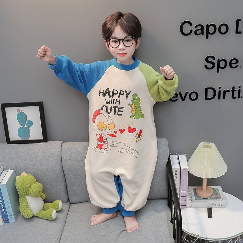 男童睡衣秋冬男宝宝加厚奥粒绒连体防踢睡袋小童男孩双面绒爬服 - 图1