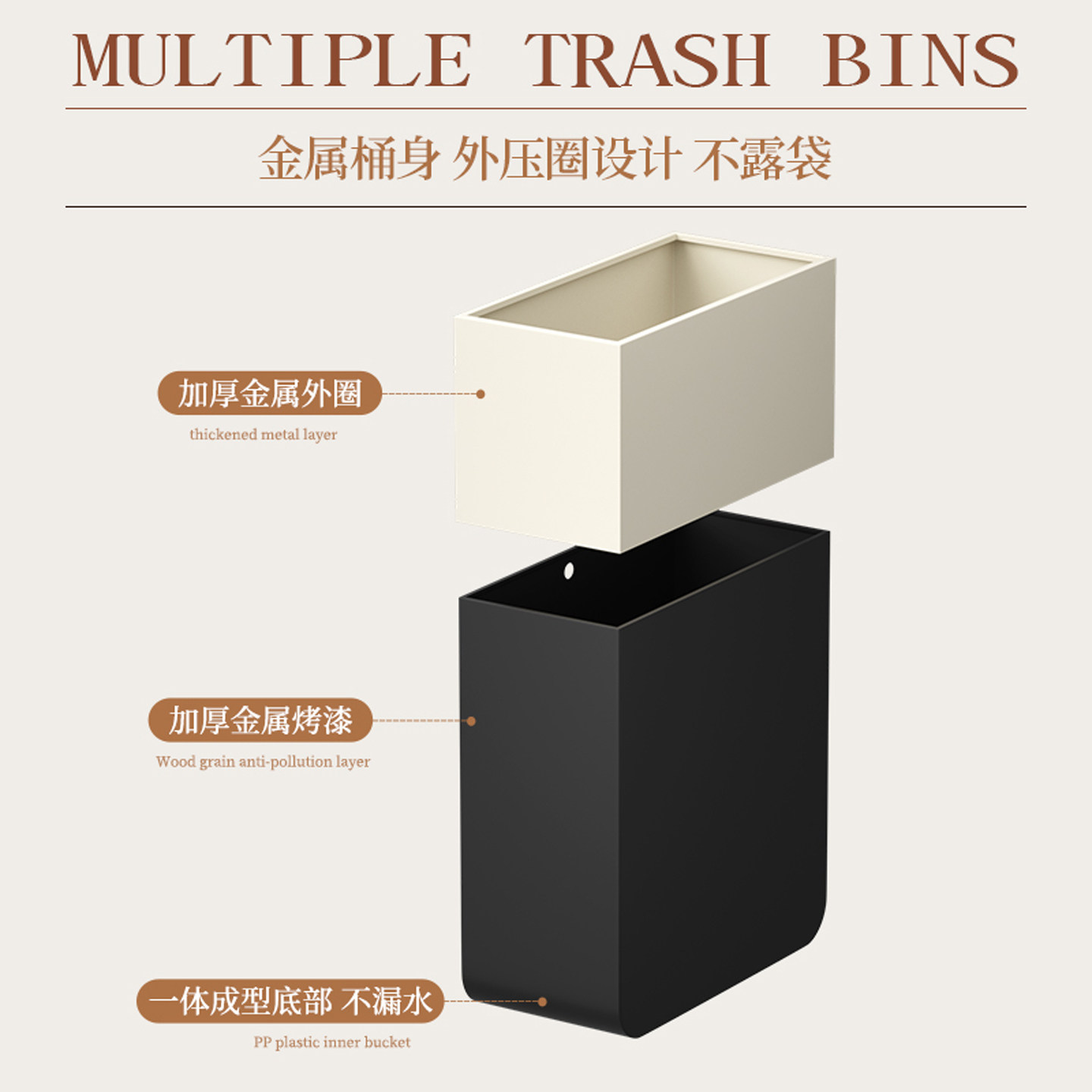 垃圾桶中古风家用客厅卧室卫生间轻奢无盖金属胡桃木窄款2026新款,淘宝优惠券,粉丝福利购,淘宝优惠卷