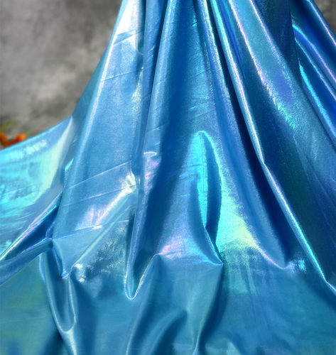 幻彩炫彩天蓝色高弹力反光垂感烫金涂层镭射设计师面料方皮革布料 - 图2