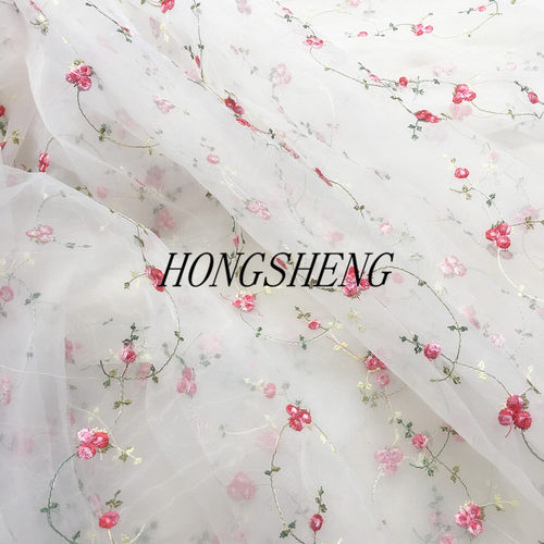 粉色紫色小玫瑰花小花绣花蕾丝布料欧根纱刺绣服装连衣裙布料面料 - 图1