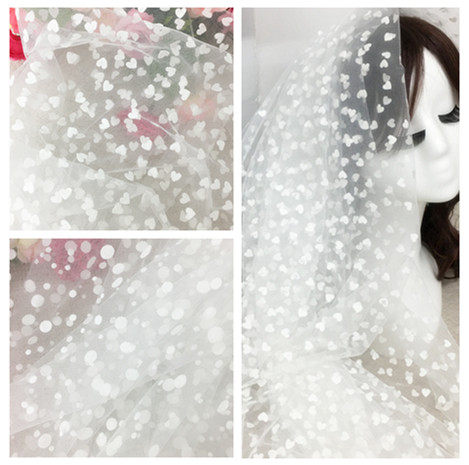 唯甜美黑白色飘雪植绒圆点点波点爱心形网纱蕾丝布面料服装饰婚纱 - 图1
