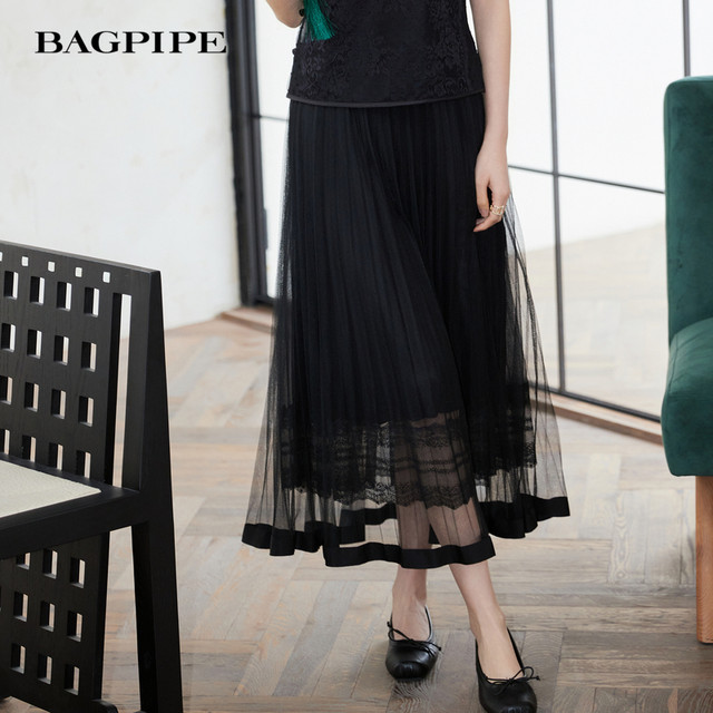 Bagpipe 2025 summer style ໃຫມ່ drapey slimming skirt ແອວສູງທີ່ກວມເອົາທ້ອງແລະເບິ່ງ slimming A-line skirt ສິ້ນຂະຫນາດນ້ອຍ