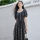 Bagpipe 2026 Summer New French Square Neck Printed Dress Women's Waist Slim Puff Sleeve Midi Dress