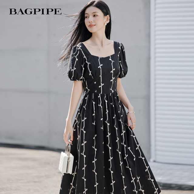 Bagpipe 2026 Summer New French Square Neck Printed Dress Women's Waist Slim Puff Sleeve Midi Dress