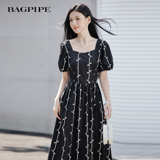 Bagpipe 2026 Summer New French Square Neck Printed Dress Women's Waist Slim Puff Sleeve Midi Dress