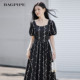 Bagpipe 2026 Summer New French Square Neck Printed Dress Women's Waist Slim Puff Sleeve Midi Dress