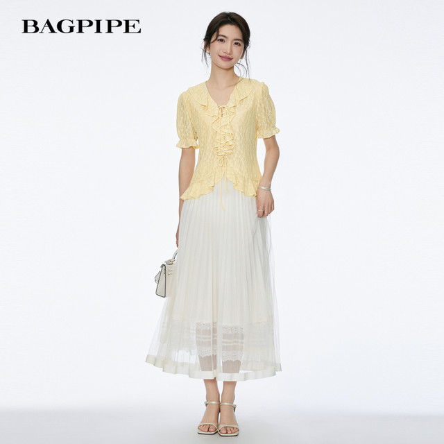 Bagpipe 2025 summer style ໃຫມ່ drapey slimming skirt ແອວສູງທີ່ກວມເອົາທ້ອງແລະເບິ່ງ slimming A-line skirt ສິ້ນຂະຫນາດນ້ອຍ