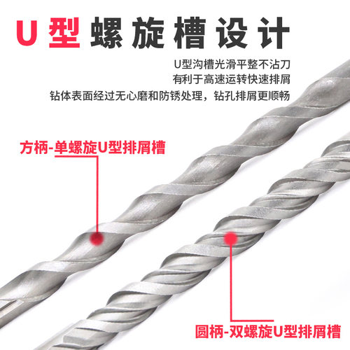 电锤十字冲击钻头混凝土穿墙方柄过墙转头四坑圆柄俩坑俩槽加长钻 - 图1