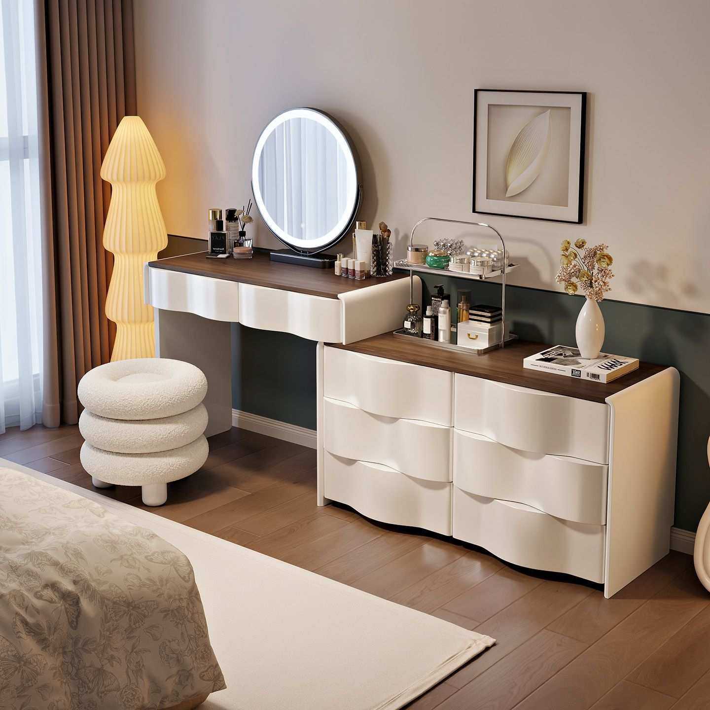 北美家用卧室梳妆台小户型转角化妆桌床尾组合收纳一体柜书桌岩板,淘宝优惠券,粉丝福利购,淘宝优惠卷