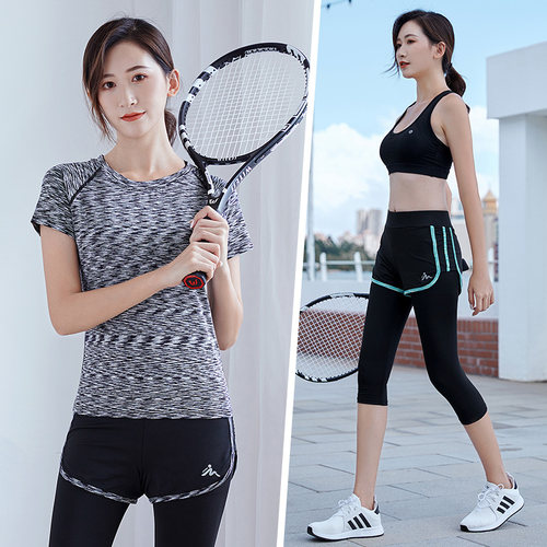 专业跑步运动服套装女夏季晨跑健身房瑜伽服大码速干衣显瘦七分裤 - 图1