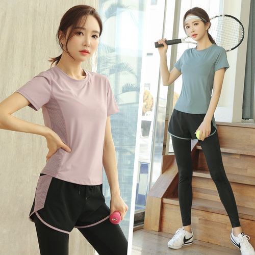 高端健身服运动速干衣套装女夏季透气短袖健身房晨跑步专业瑜伽服 - 图0