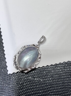 云华之歌海水马贝椭圆S925厚银万能扣海洋蓝微纹复古高级吊坠褶皱