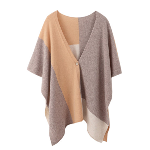 针织纯羊毛披肩拼色外搭秋冬季新款撞色斗篷开衫围巾外穿皮蓬百搭 - 图3