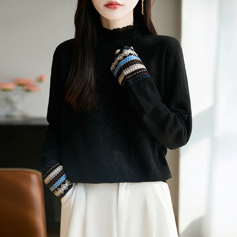 2025新款蕾丝木耳边半高领女士薄款毛衣精纺羊毛打底衫春秋针织衫,淘宝优惠券,粉丝福利购,淘宝优惠卷