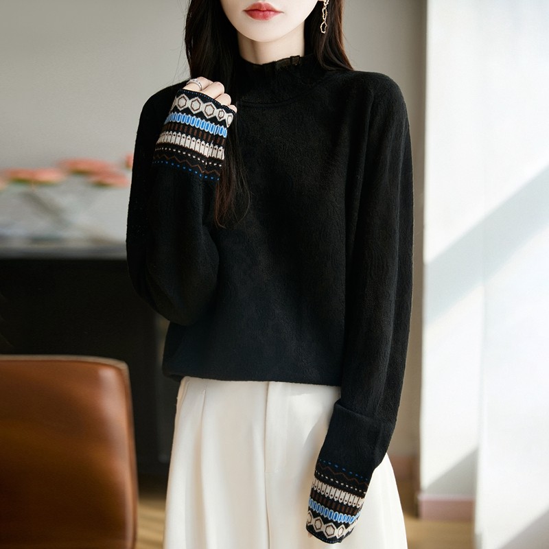 2025新款蕾丝木耳边半高领女士薄款毛衣精纺羊毛打底衫春秋针织衫,淘宝优惠券,粉丝福利购,淘宝优惠卷