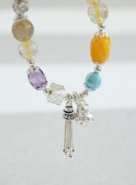 黄水晶蜜蜡招财猫925银单圈手串