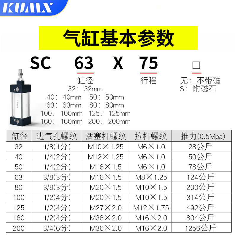 新款气缸标准缸100缸径SC100*25X50X75X100X125X150X175X200X300X - 图2