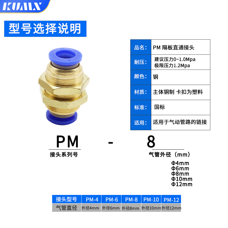 塑料快速隔板接头穿板接直通快插接头PM6/PM8/PM10/PM12/PM4mm - 图2