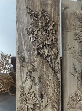 花开富贵鹿鹤同春，黄金章，纯手工木雕工艺品，剑川木雕挂屏装饰