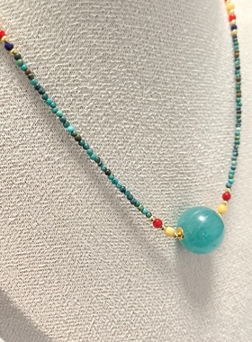 D1423# 天然原矿亚马逊老料天河石转运珠锁骨链14mm+ 绿松石青金