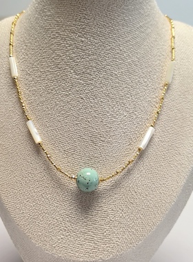 D1483# 天然原矿高瓷绿松石锁骨链12.3mm 配白贝母设计款项链