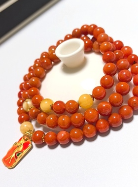 S544# 天然保山南红柿子红满色满肉三圈手链7mm 配蜜蜡圆珠7.5mm