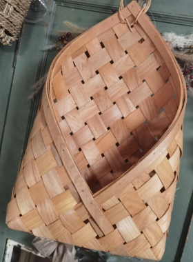 乡村风手工木片编织簸箕形状园艺工具收纳篮壁挂花篮壁饰收纳筐