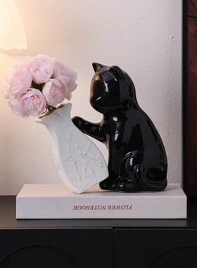 可爱小猫推倒花瓶插花花瓶摆件假花仿真花干花客厅餐厅桌面装饰品