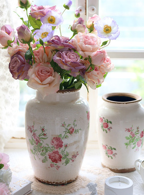 复古花瓶陶瓷粉花绿植多肉花盆裂纹花瓶水培花器陶釉花瓶批发