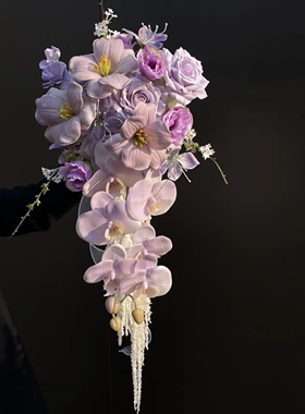 瀑布手捧花粉色系高级领证结婚拍照新娘仿真水滴花束婚纱摄影道具