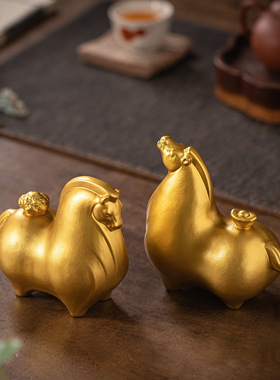 中式陶瓷金色马年动物马摆件家居客厅博古架装饰春节生肖礼品