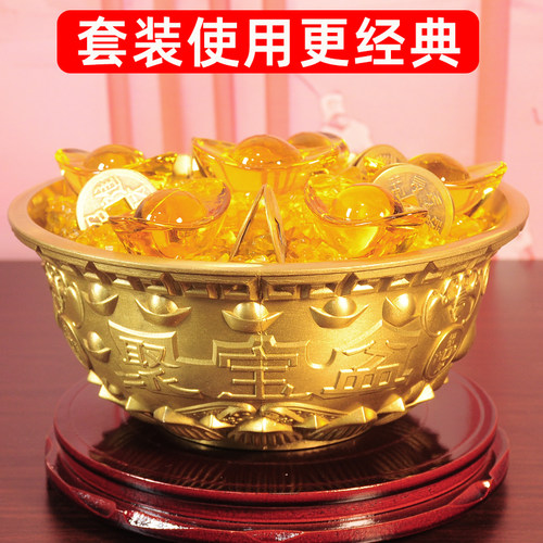 聚宝盆摆件黄铜全铜盆加水晶元宝铜钱办公室桌面摆设店铺家居饰品 - 图2