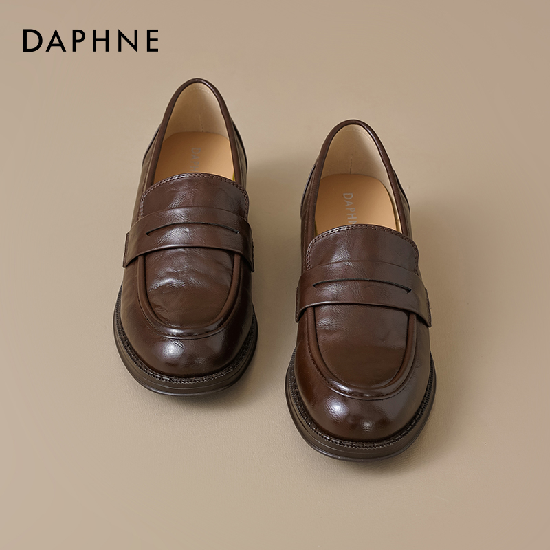 达芙妮厚底乐福鞋女2025春季棕色单鞋一脚蹬英伦风小皮鞋复古通勤 - 图2