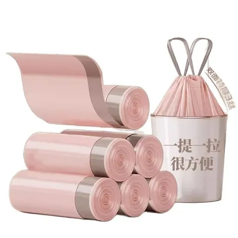 粉冰莓提家用塑料袋抽绳式宿舍厨房垃圾袋特厚加厚垃圾袋抽拉 - 图0